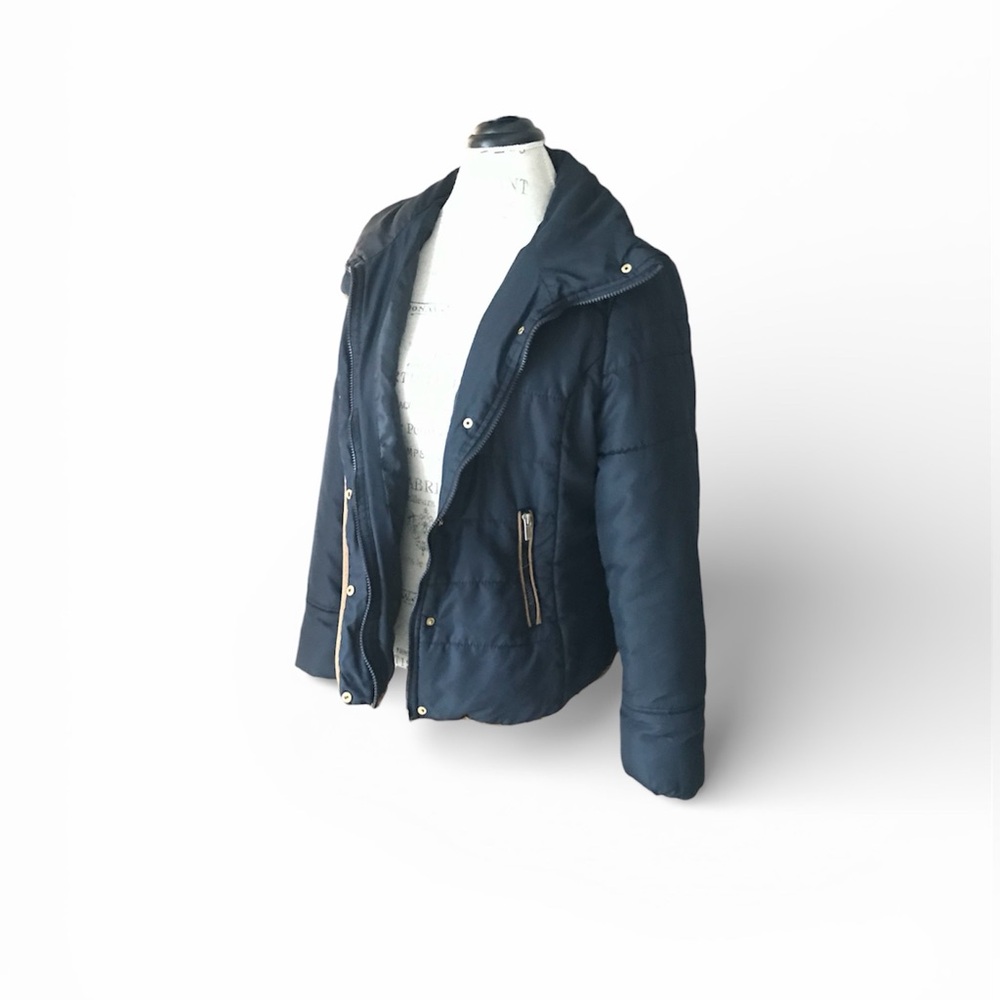 BONGO Quilted Navy Blue Coat with Tan Leather Trim Zip & Button Closure Sz XL